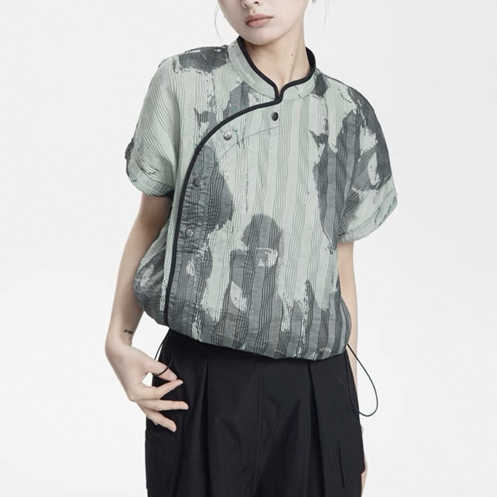 He She Me Sage Green Abstract Print Mandarin Collar Asymmetrical Top S